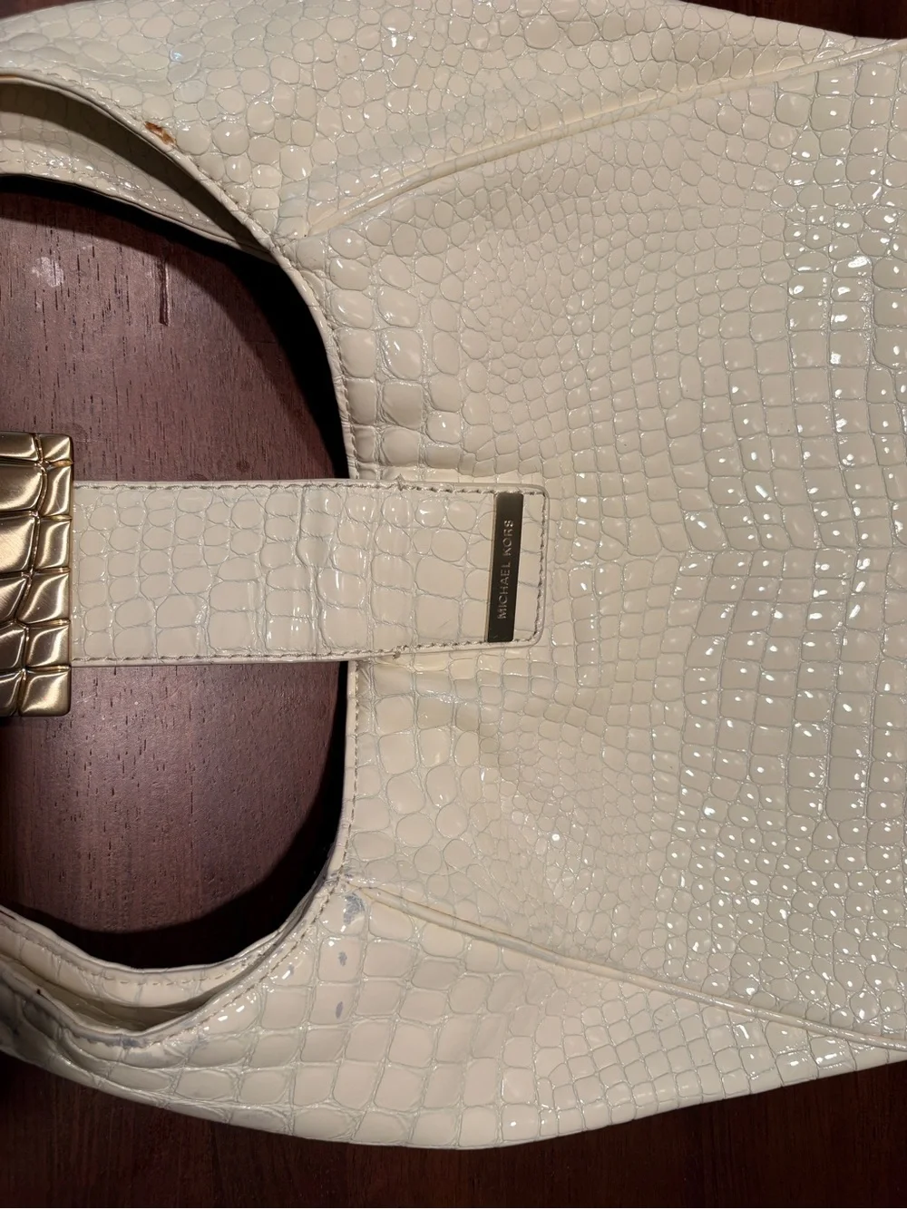 Michael Kors Cream Croc-Embossed Hobo with Gold Buckle